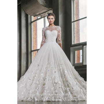 Últimos vestidos Alibaba Elegante Tulle Branco 3/4 de manga comprida A Vestidos de casamento Line Vestidos de Novia Dress Flowers2016 LWA02